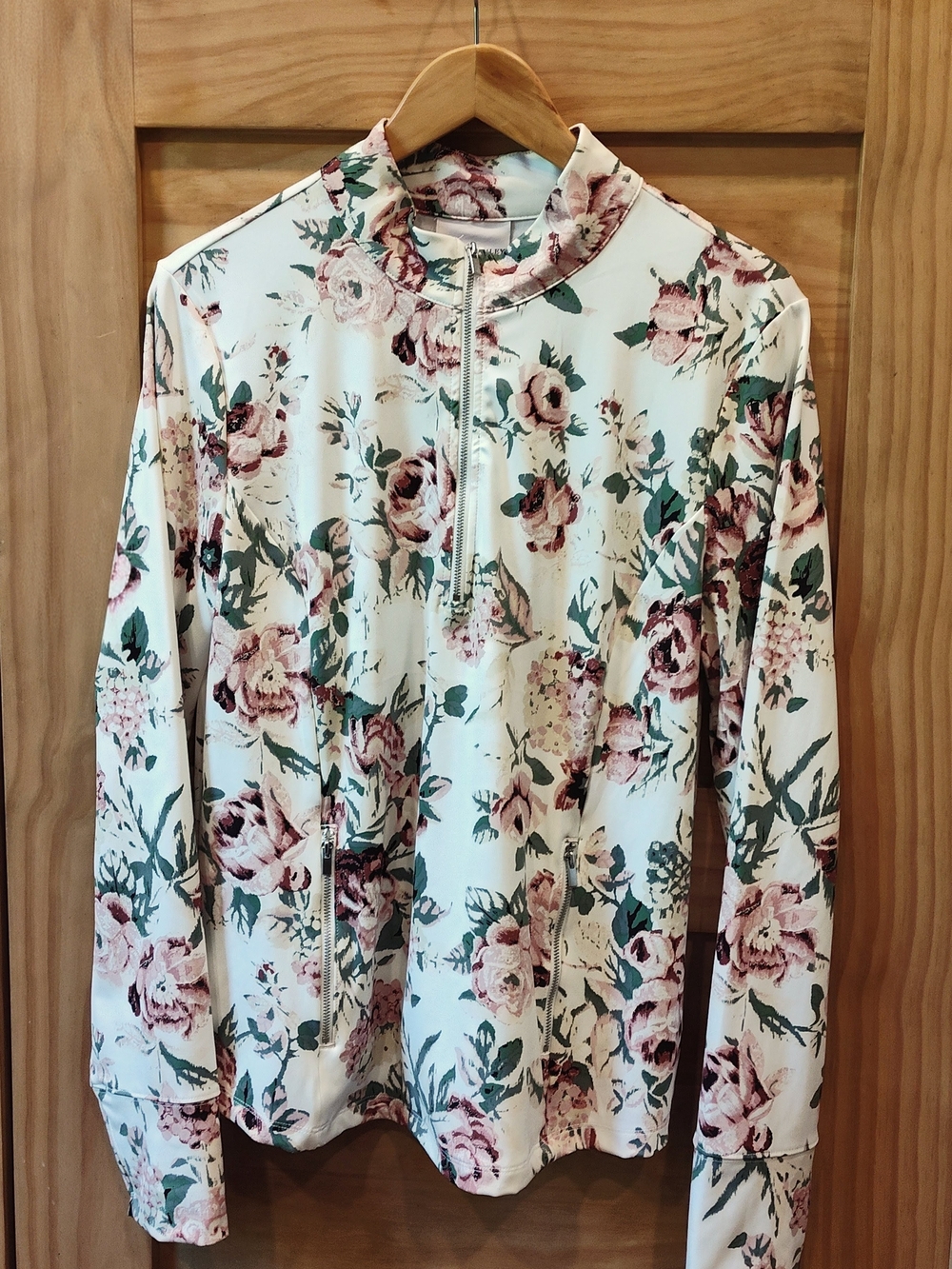 Laura Ashley Pink Green White Rose Floral 1/4 Zip Activewear Pullover Top | XL